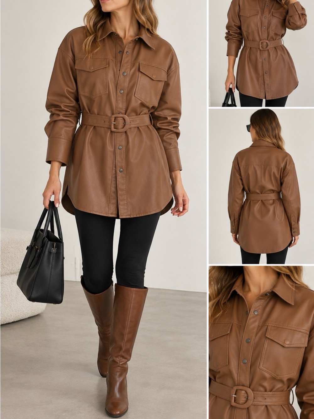 ZARA Tan Faux Leather Shirt Jacket
